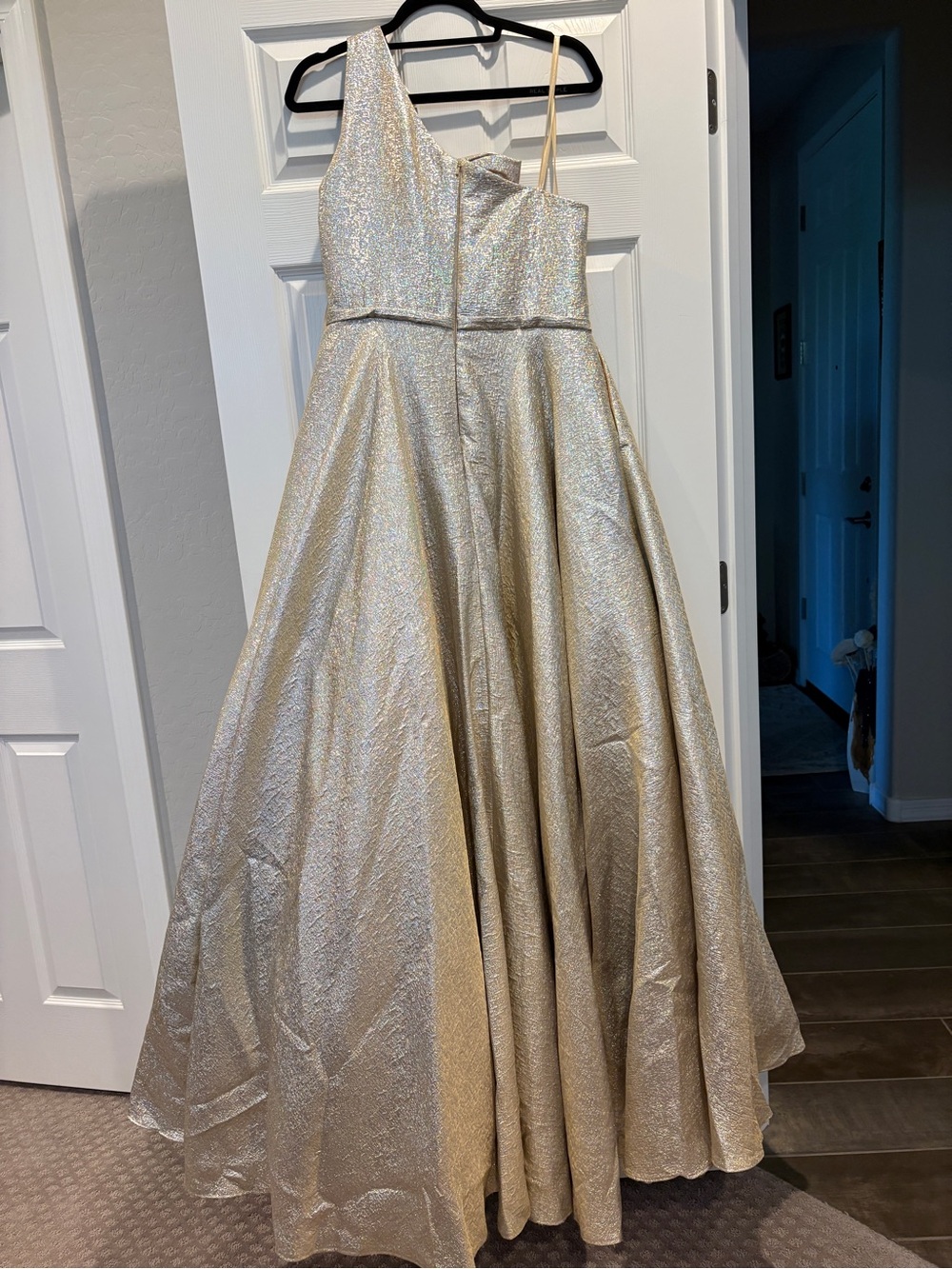 Mac Duggal Metallic Gold One-Shoulder Bow Evening Gown - Picture 3 of 5